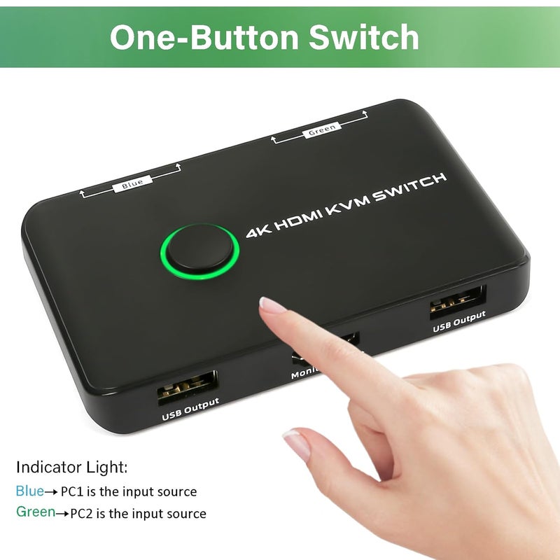 Suceem 4K@60Hz HDMI KVM Switch for 1 Monitor and 2 Computers, with 2 USB Ports for Sharing Monitor, Keyboard, Mouse, Hard Drives, and Printer – Includes 2 HDMI & USB Cables, and One-Button Swapping - Image 3